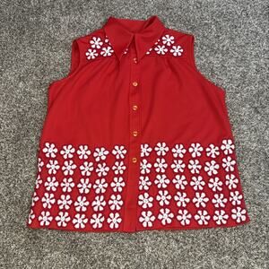 Vintage Womens 70's‎ Red Collared Polyester Button Up Tank Top Flowers Size L